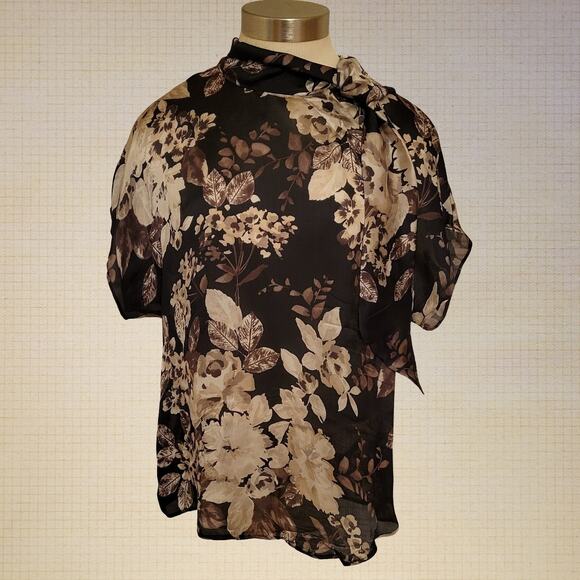Max Mara High Tie-Neck Silk Georgette Floral Print Blouse Black Womens Sz Small - Picture 1 of 7